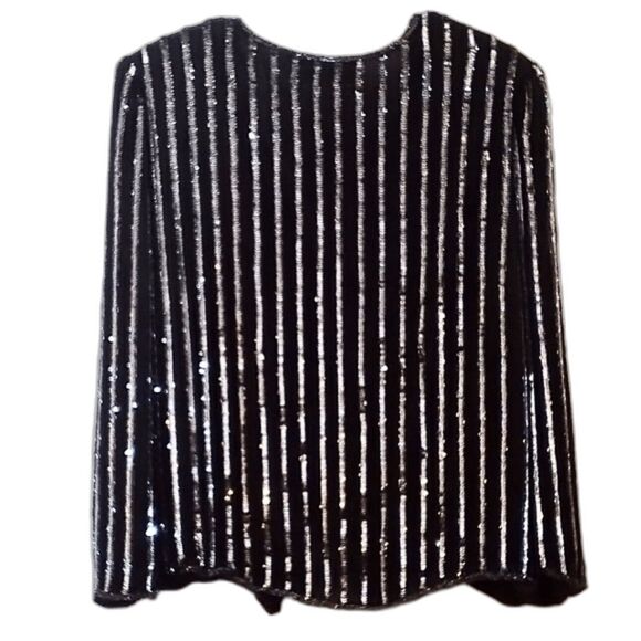 Vintage Silky Nites Black Silk Silver Sequined Evening Jacket Size PXL - Picture 2 of 5